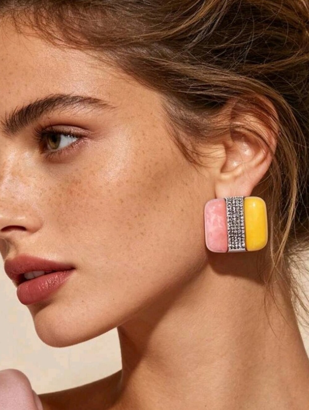 NEW! Statement Retro Geometric Yellow & Pink Crystal Accent Silver Stud Earrings